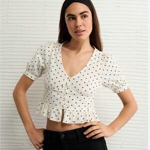 American Eagle Outfitters White and Black Polka Dot Crop Blouse